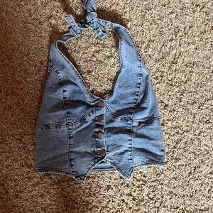 Denim Halter Top with Button Detail